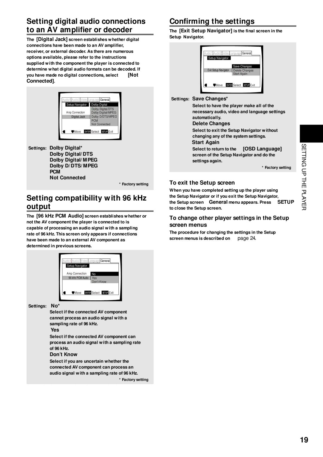 Pioneer DV-333 Setting compatibility with 96 kHz output, Confirming the settings, To exit the Setup screen 