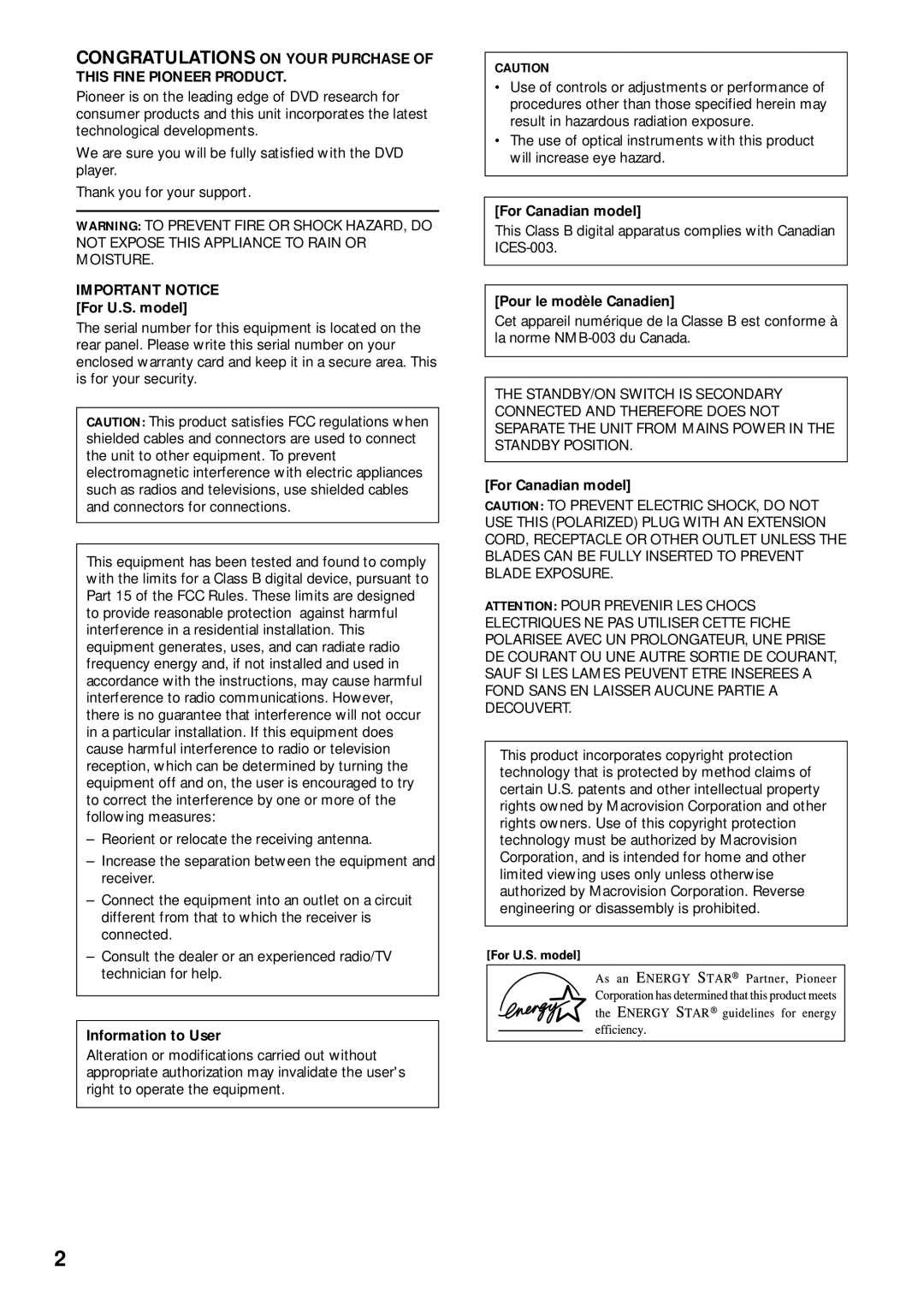 Pioneer DV-333 Important Notice For U.S. model, Information to User, For Canadian model, Pour le modèle Canadien 