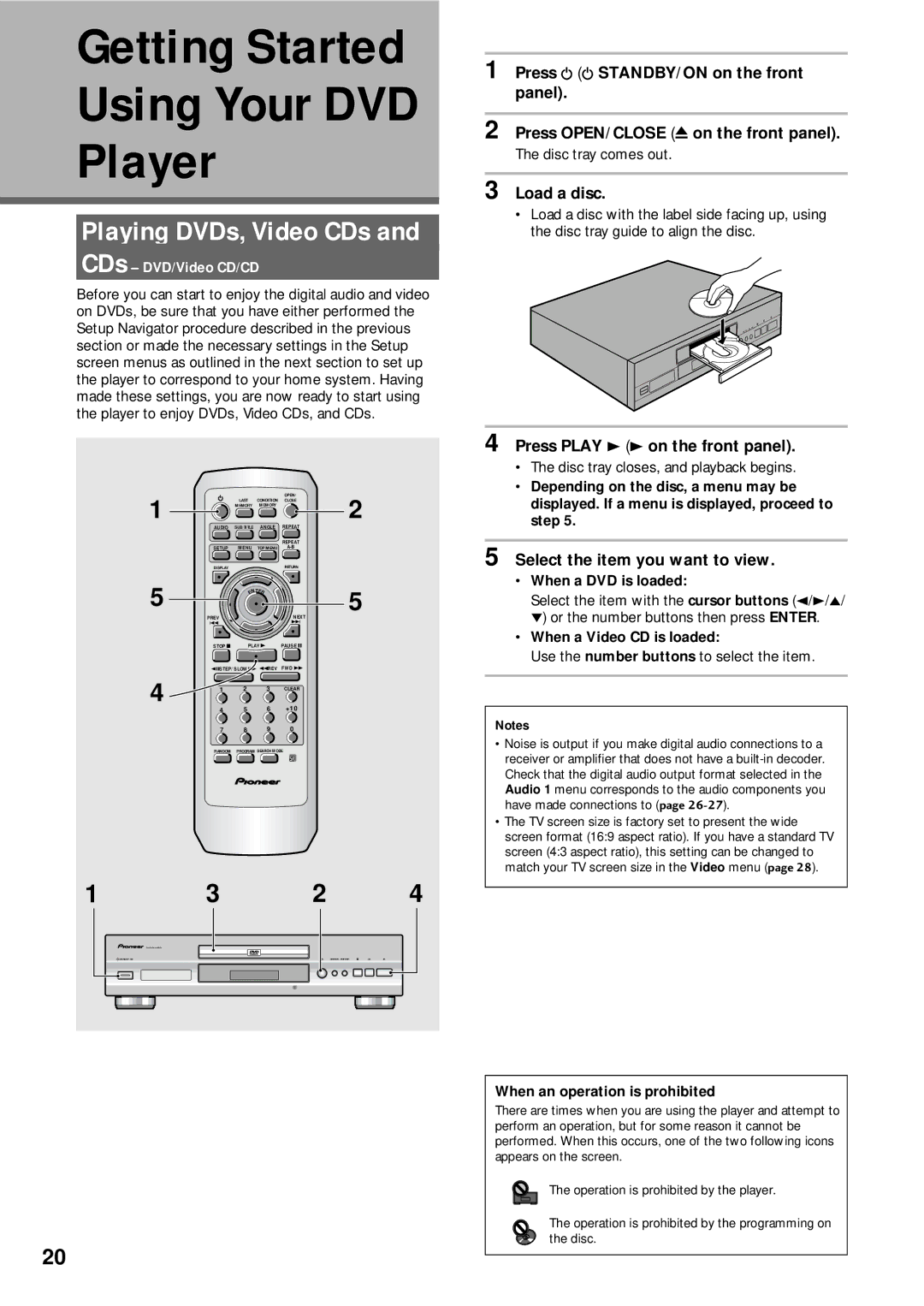 Pioneer DV-333 operating instructions Getting Started, Player, Playing DVDs, Video CDs, CDs DVD/Video CD/CD 