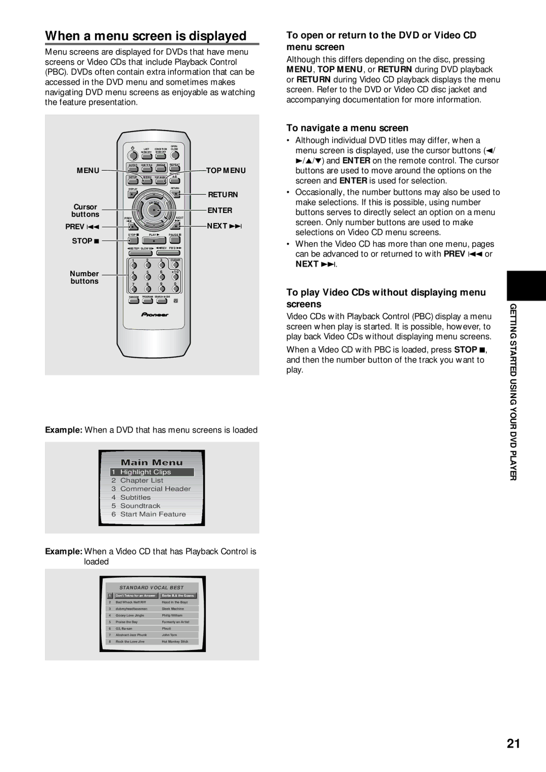 Pioneer DV-333 operating instructions When a menu screen is displayed, To open or return to the DVD or Video CD menu screen 