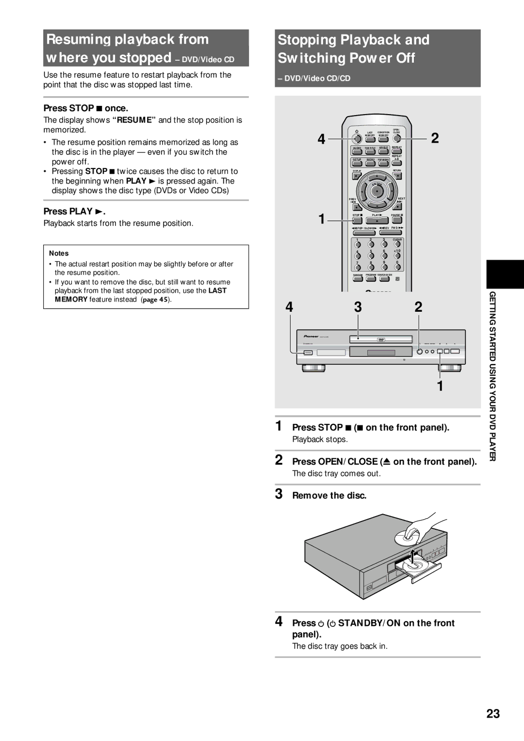 Pioneer DV-333 Resuming playback from Where you stopped DVD/Video CD, Stopping Playback Switching Power Off 