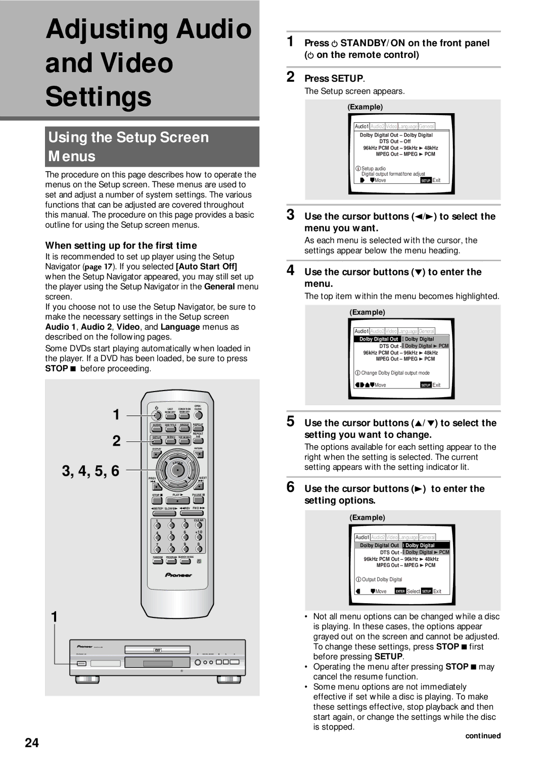 Pioneer DV-333 Adjusting Audio Video Settings, Using the Setup Screen Menus, Use the cursor buttons to enter the menu 