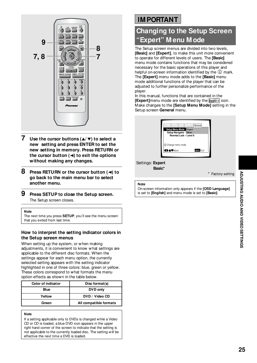 Pioneer DV-333 Changing to the Setup Screen Expert Menu Mode, Audio and Video Settings, Setup screen closes, Basic 