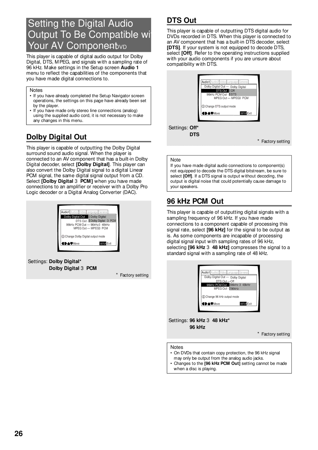 Pioneer DV-333 operating instructions Dolby Digital Out, DTS Out, KHz PCM Out, Settings Dolby Digital Dolby Digital 3 PCM 