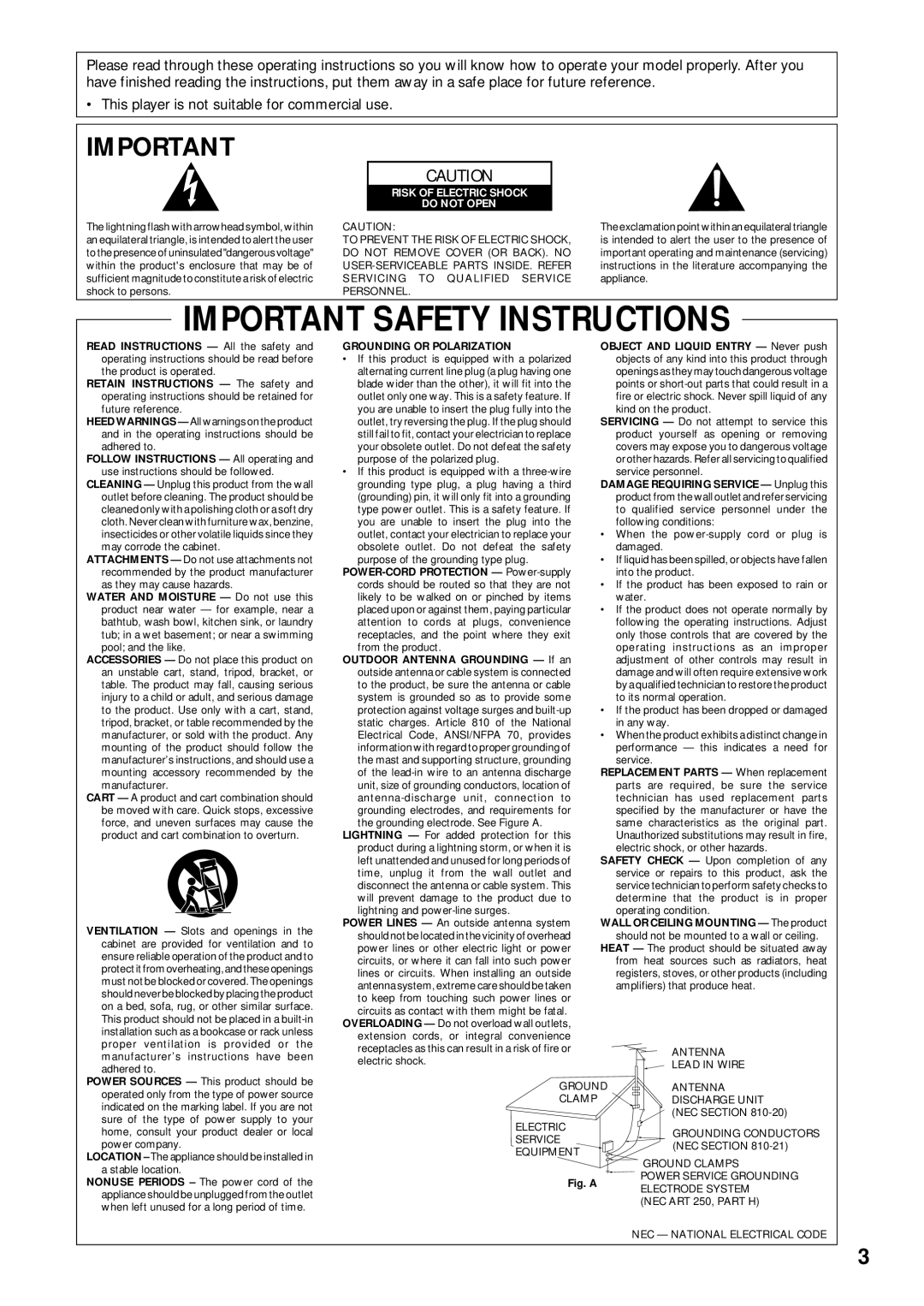 Pioneer DV-333 operating instructions Important Safety Instructions 