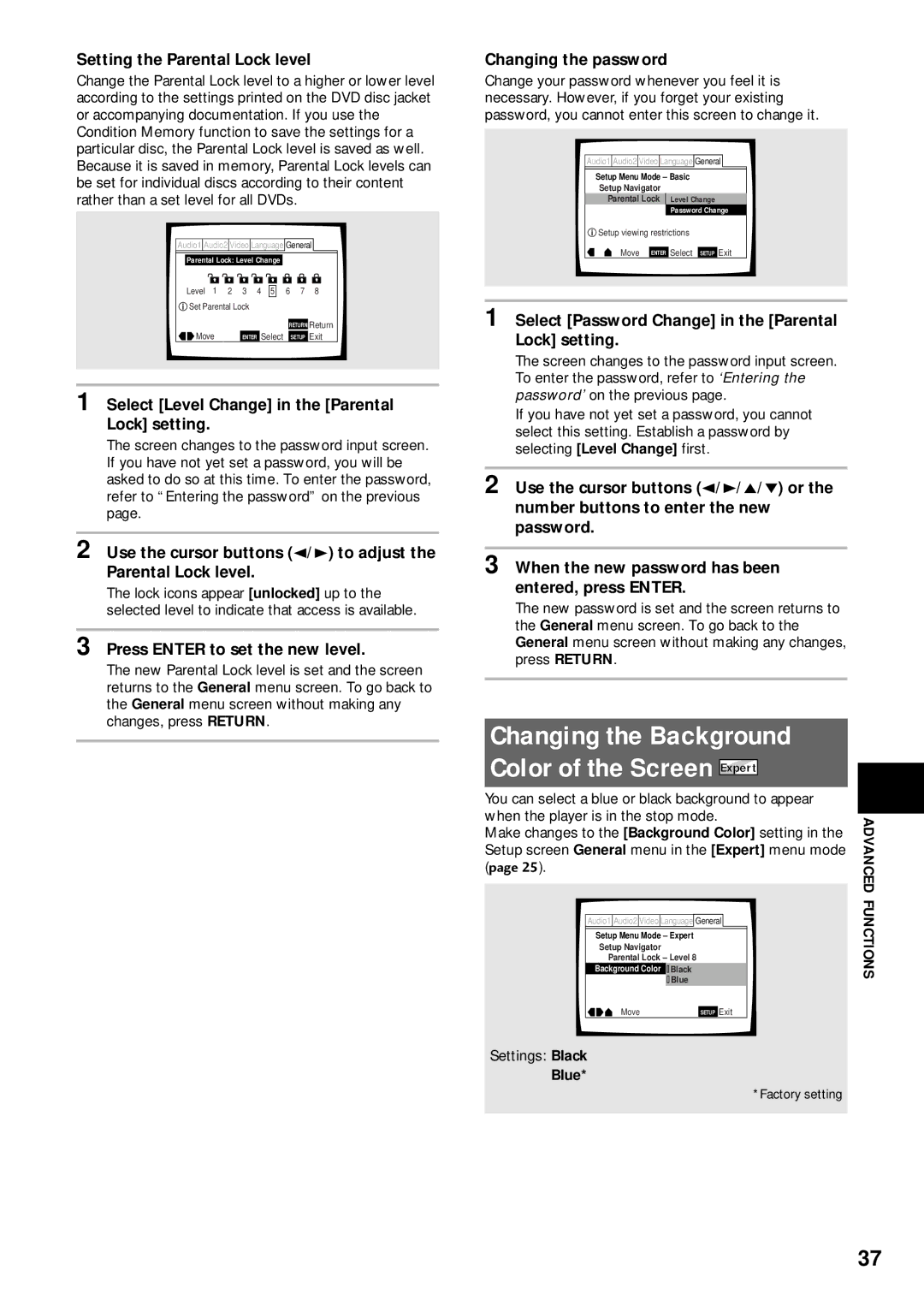 Pioneer DV-333 operating instructions Changing the Background Color of the Screen Expert 