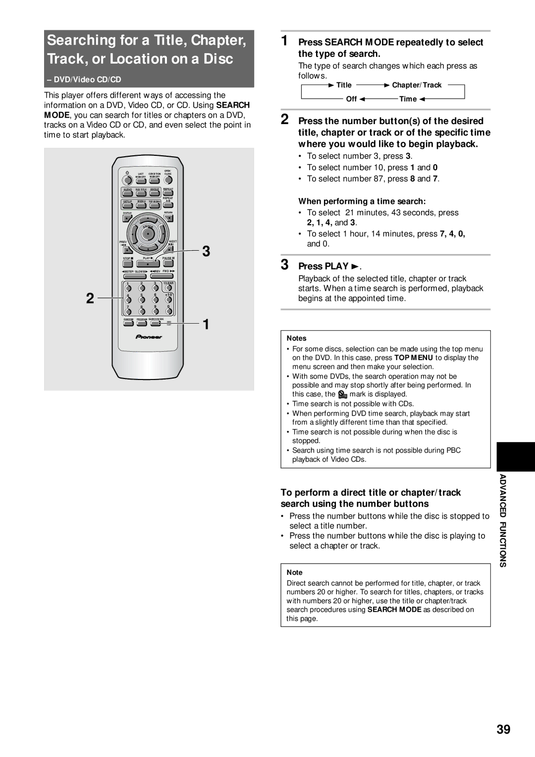 Pioneer DV-333 Press Search Mode repeatedly to select the type of search, To perform a direct title or chapter/track 