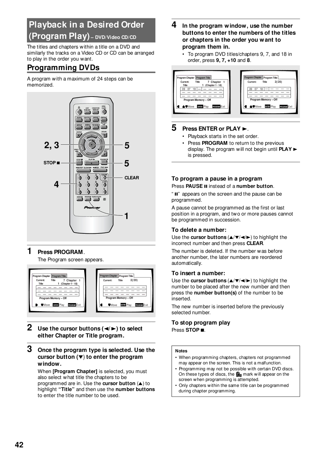 Pioneer DV-333 operating instructions Playback in a Desired Order, Programming DVDs, Program Play DVD/Video CD/CD 