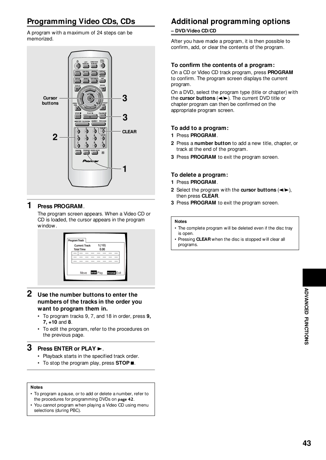 Pioneer DV-333 operating instructions Programming Video CDs, CDs, Additional programming options, Advanced Functions 