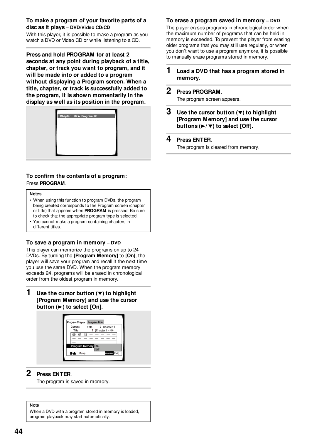 Pioneer DV-333 To save a program in memory DVD, To erase a program saved in memory DVD, Press Program 