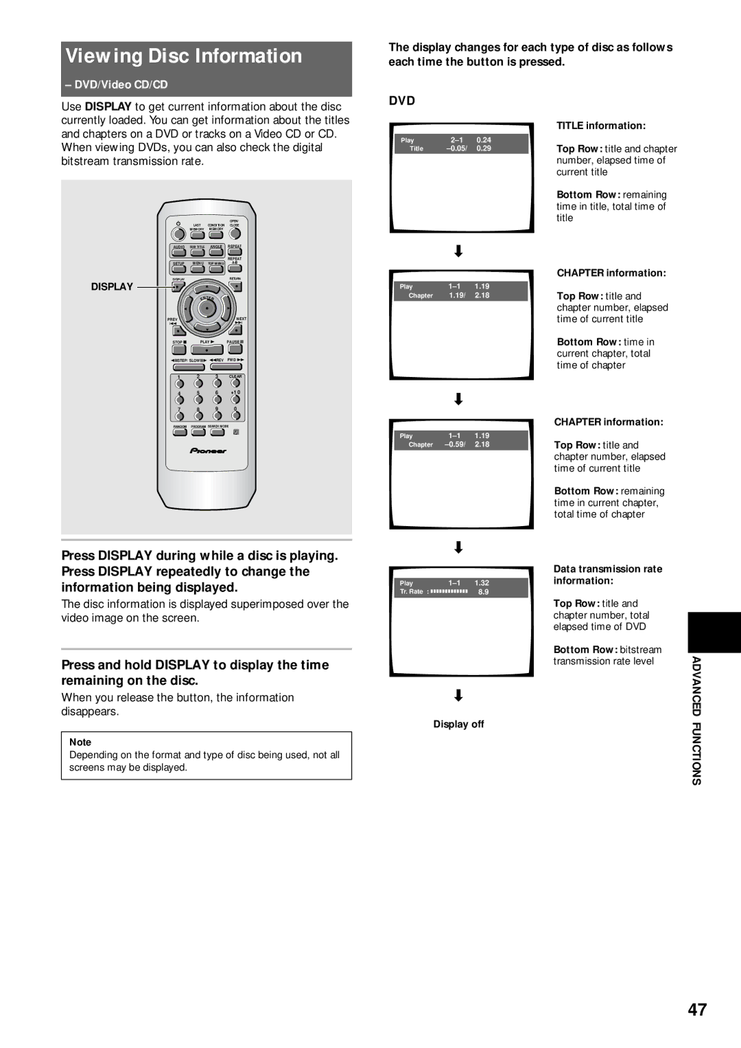 Pioneer DV-333 Viewing Disc Information, Functions, When you release the button, the information disappears 