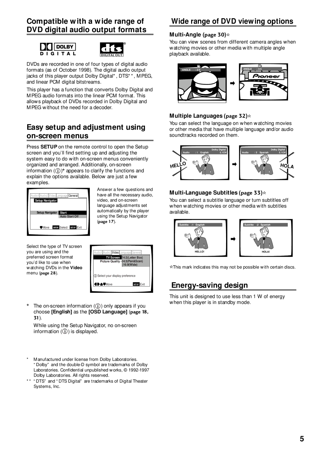 Pioneer DV-333 operating instructions Compatible with a wide range, DVD digital audio output formats, Energy-saving design 