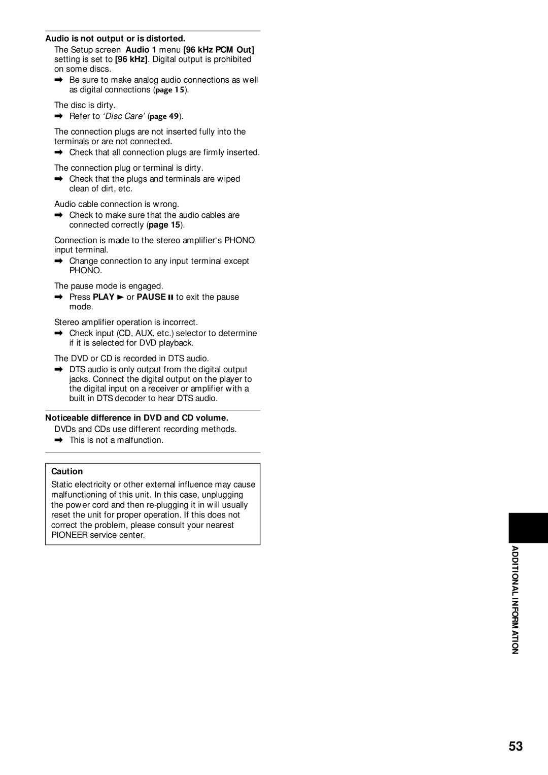 Pioneer DV-333 operating instructions Additional Information, Audio is not output or is distorted 