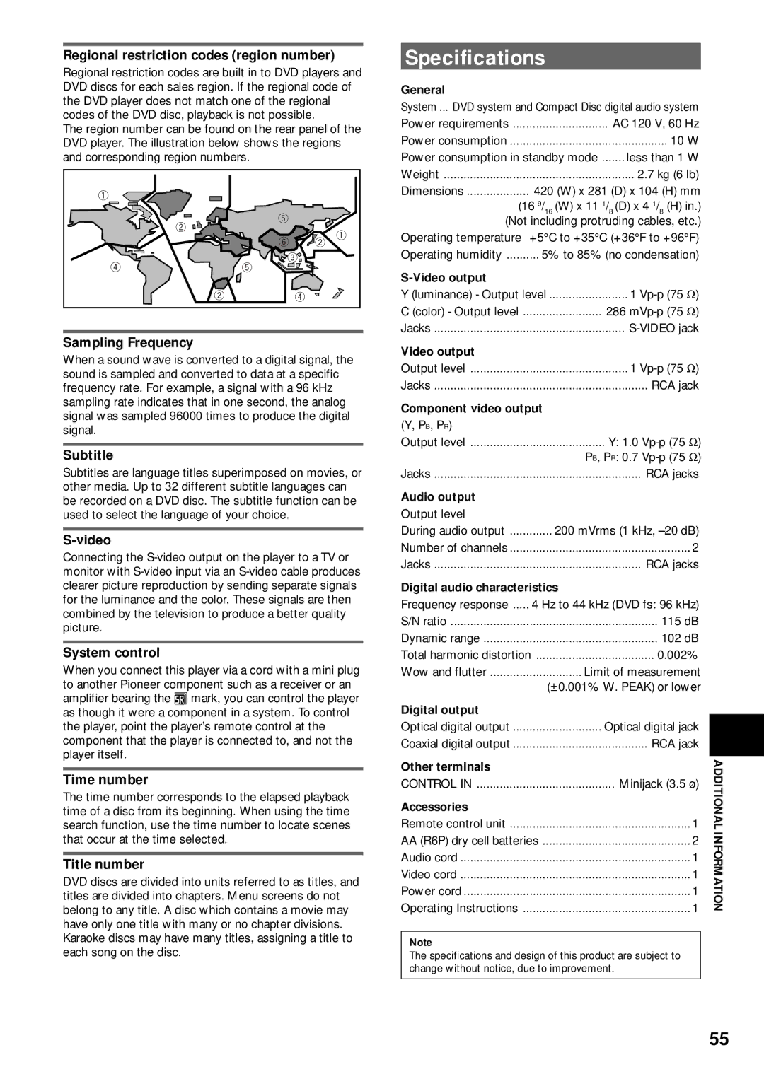 Pioneer DV-333 operating instructions Specifications 