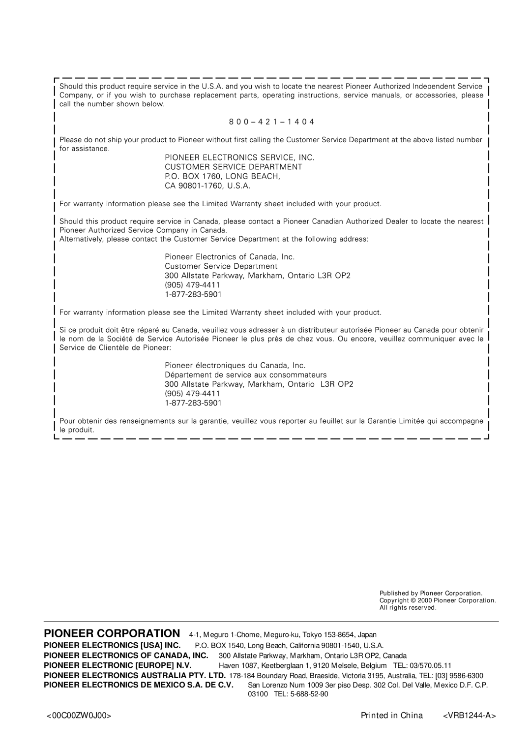 Pioneer DV-333 operating instructions 00C00ZW0J00 