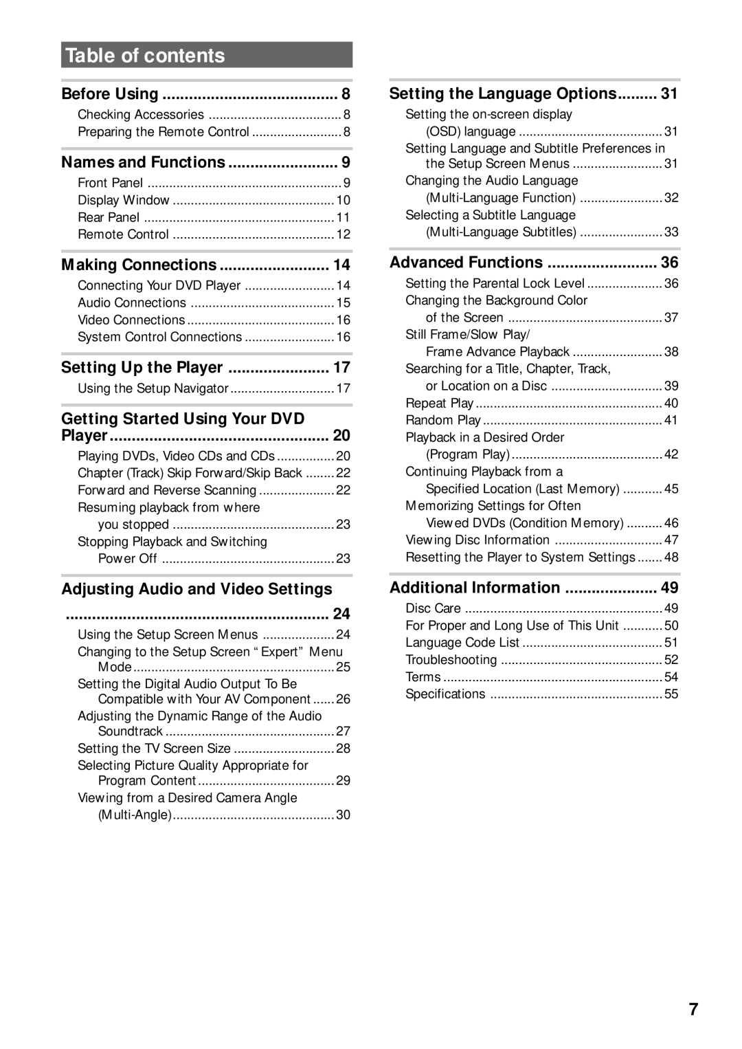 Pioneer DV-333 operating instructions Table of contents 