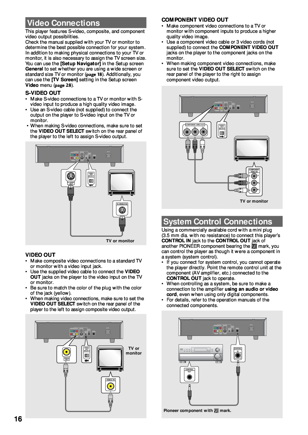 Pioneer DV-333 operating instructions Video Connections, System Control Connections, S-Video Out, Component Video Out 
