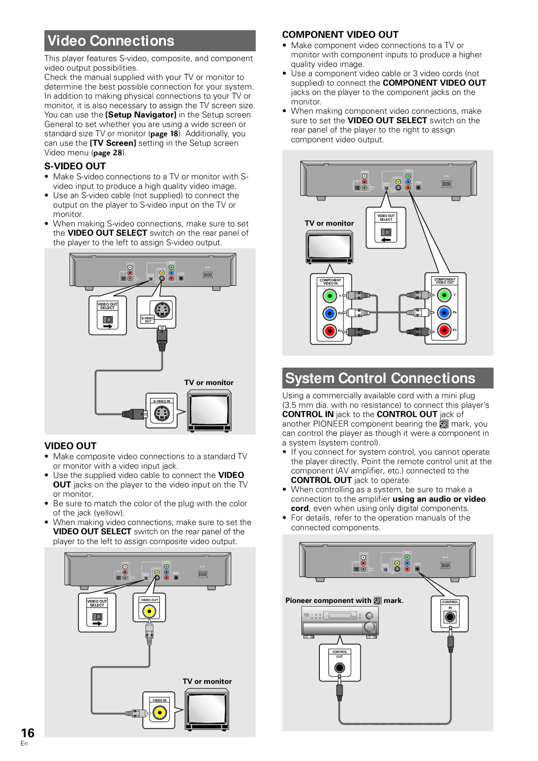 Pioneer DV-343 operating instructions Video Connections, System Control Connections, Component Video OUT 