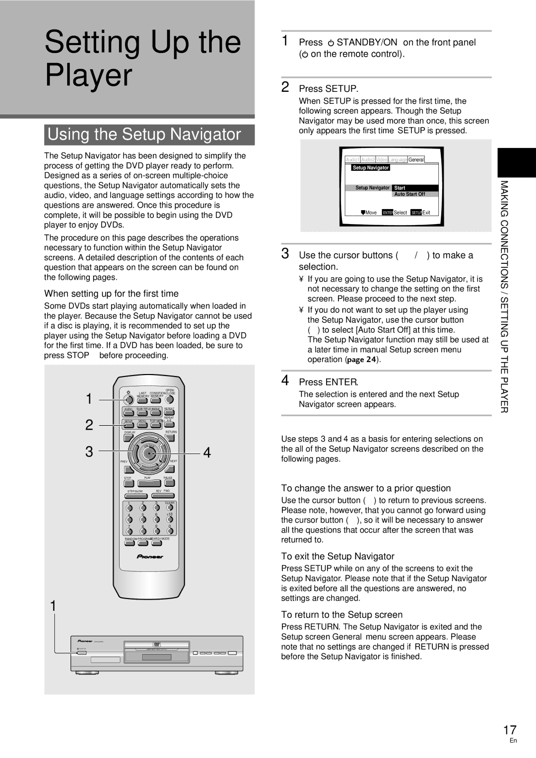 Pioneer DV-343 operating instructions Setting Up the Player, Using the Setup Navigator 