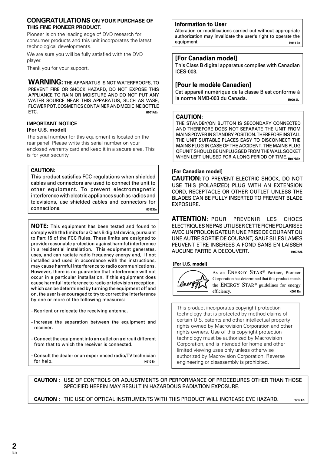 Pioneer DV-343 Congratulations on Your Purchase This Fine Pioneer Product, Important Notice For U.S. model 