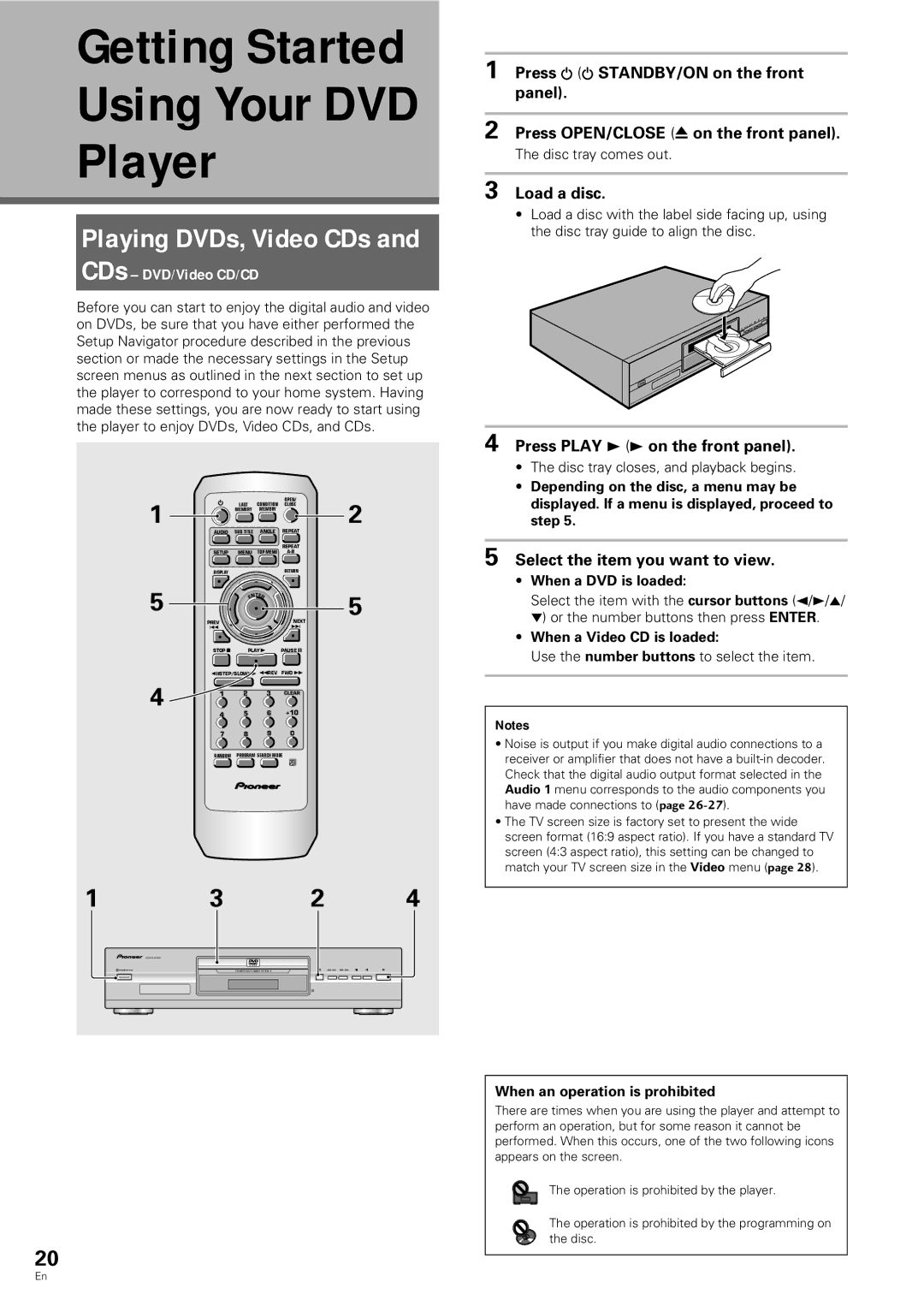 Pioneer DV-343 operating instructions Getting Started, Player, Playing DVDs, Video CDs, CDs DVD/Video CD/CD 