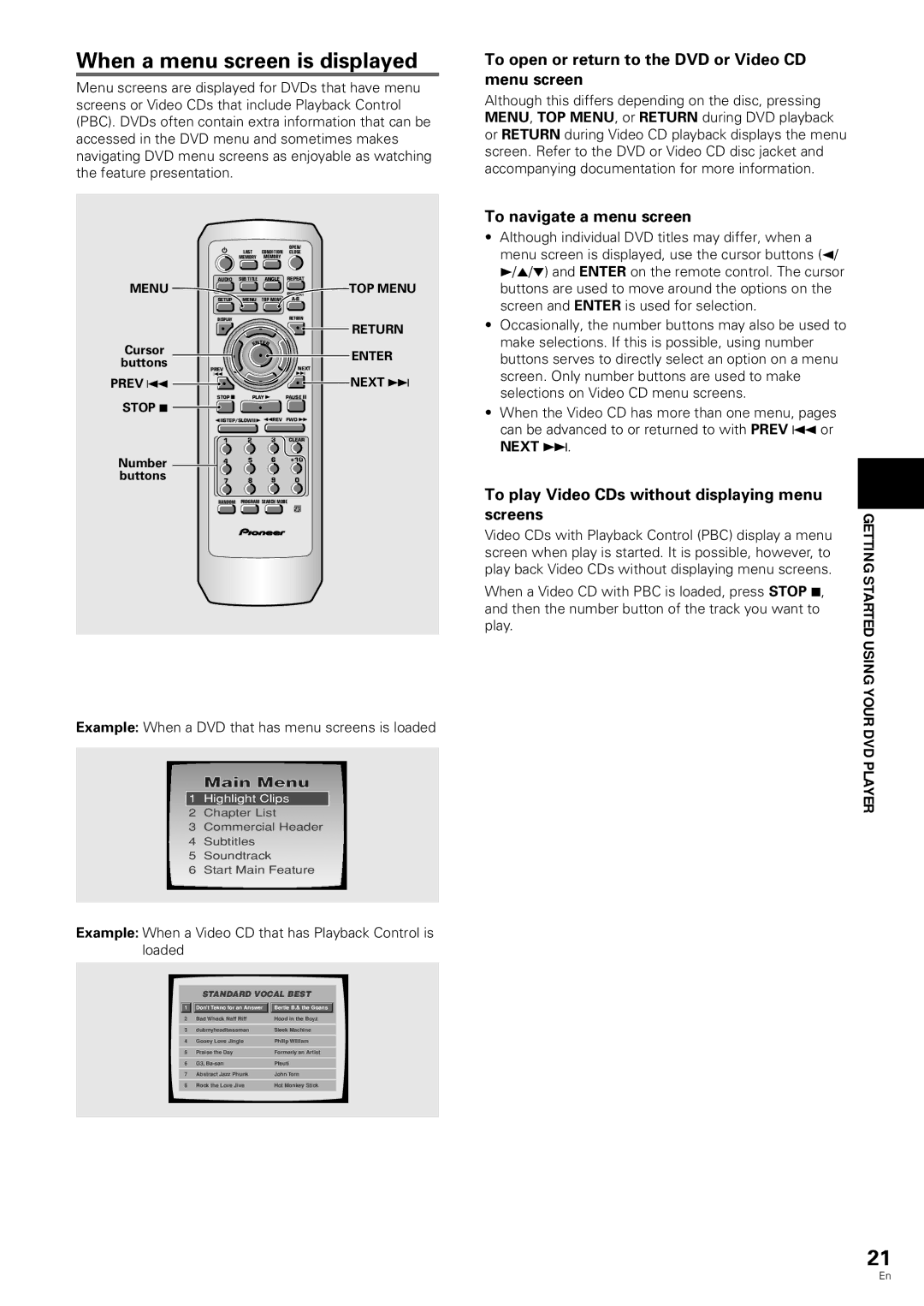 Pioneer DV-343 operating instructions When a menu screen is displayed, To open or return to the DVD or Video CD menu screen 