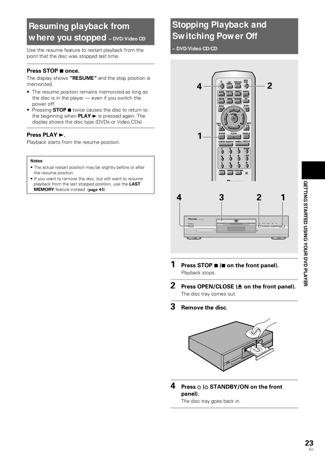 Pioneer DV-343 Stopping Playback Switching Power Off, Resuming playback from where you stopped DVD/Video CD 