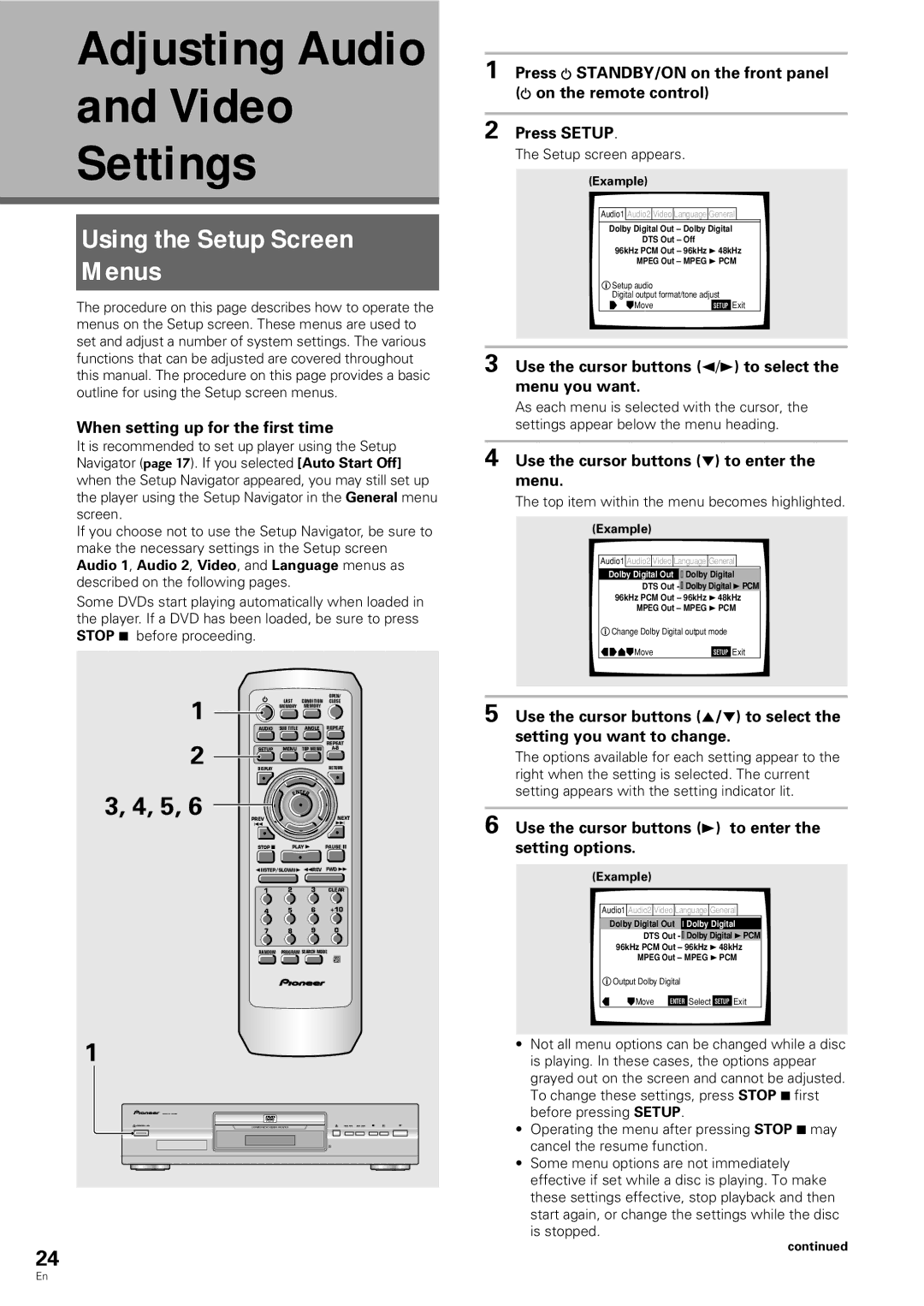 Pioneer DV-343 Adjusting Audio Video Settings, Using the Setup Screen Menus, Use the cursor buttons ∞ to enter the menu 