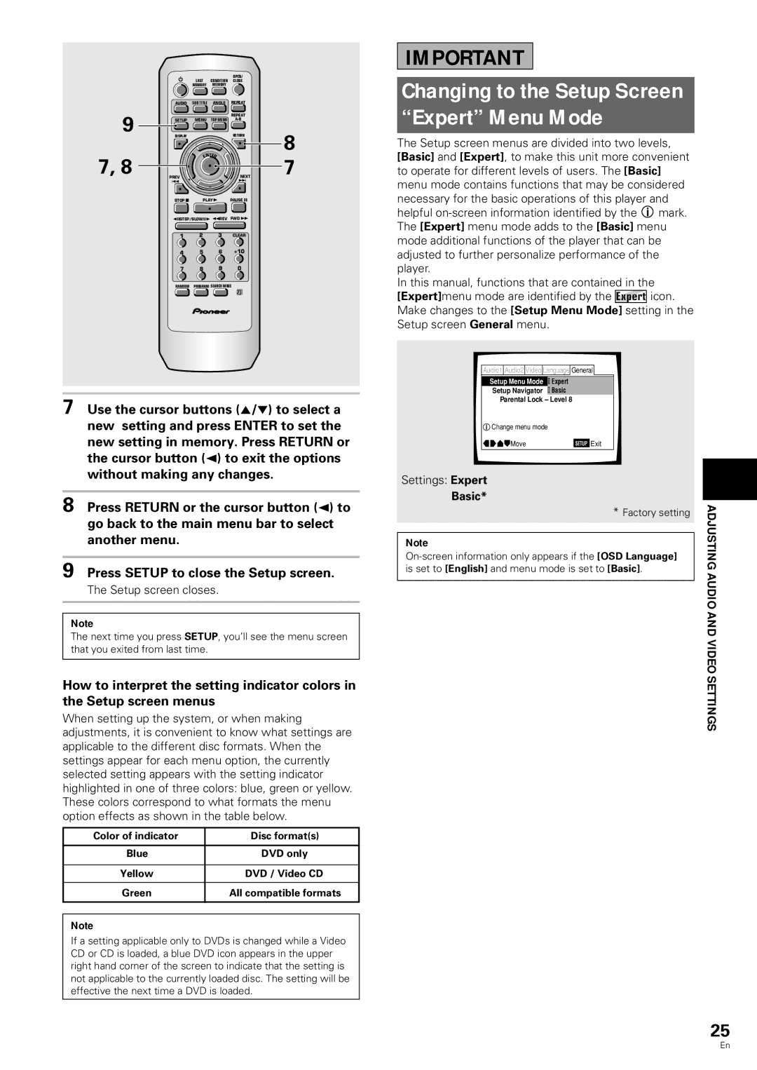 Pioneer DV-343 Changing to the Setup Screen Expert Menu Mode, Setup screen closes, Settings Expert, Basic 