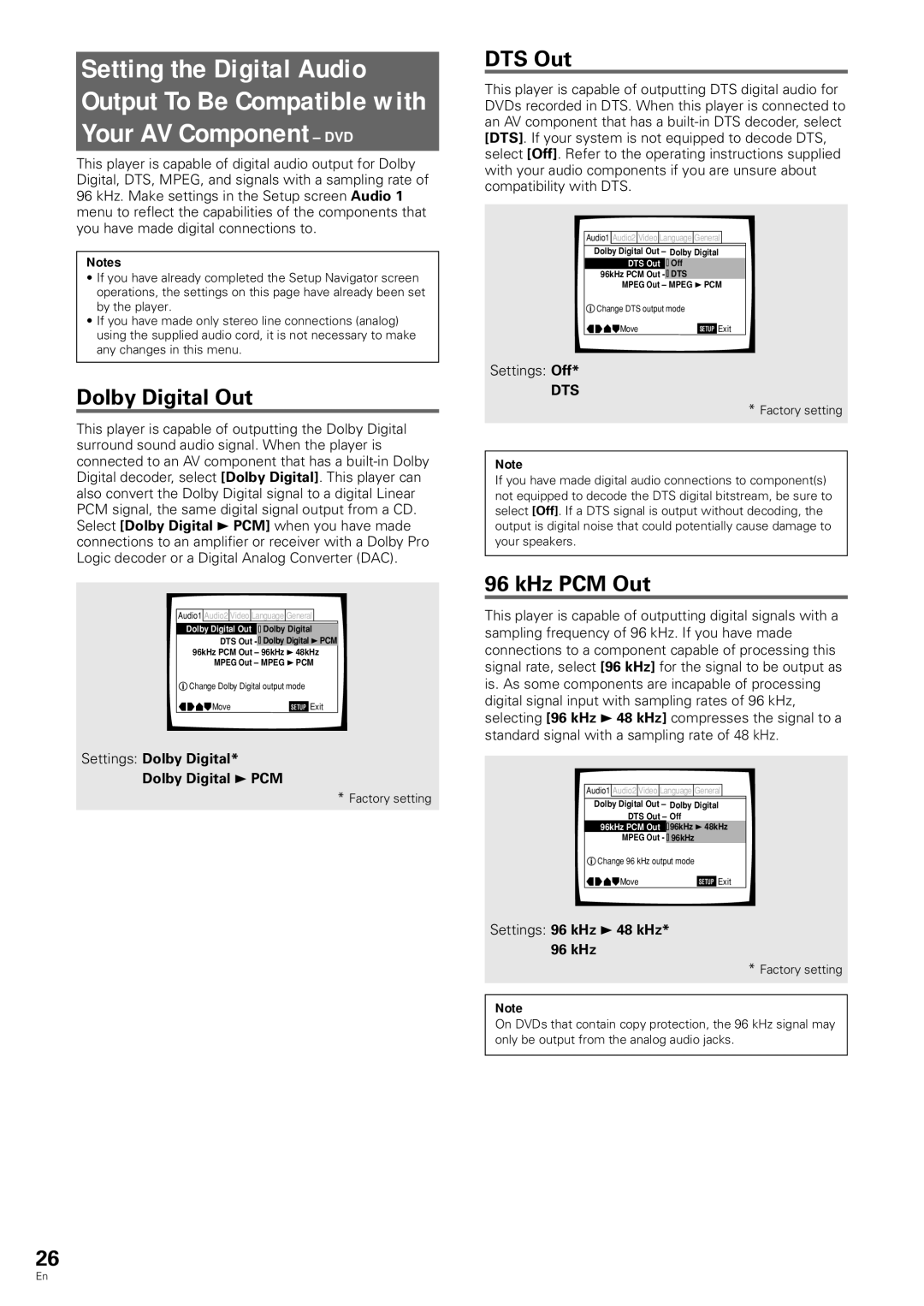 Pioneer DV-343 operating instructions Dolby Digital Out, DTS Out, KHz PCM Out, Settings Dolby Digital Dolby Digital 3 PCM 