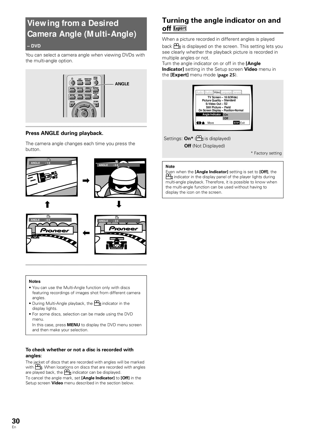 Pioneer DV-343 Viewing from a Desired Camera Angle Multi-Angle, Turning the angle indicator on, Off Expert 
