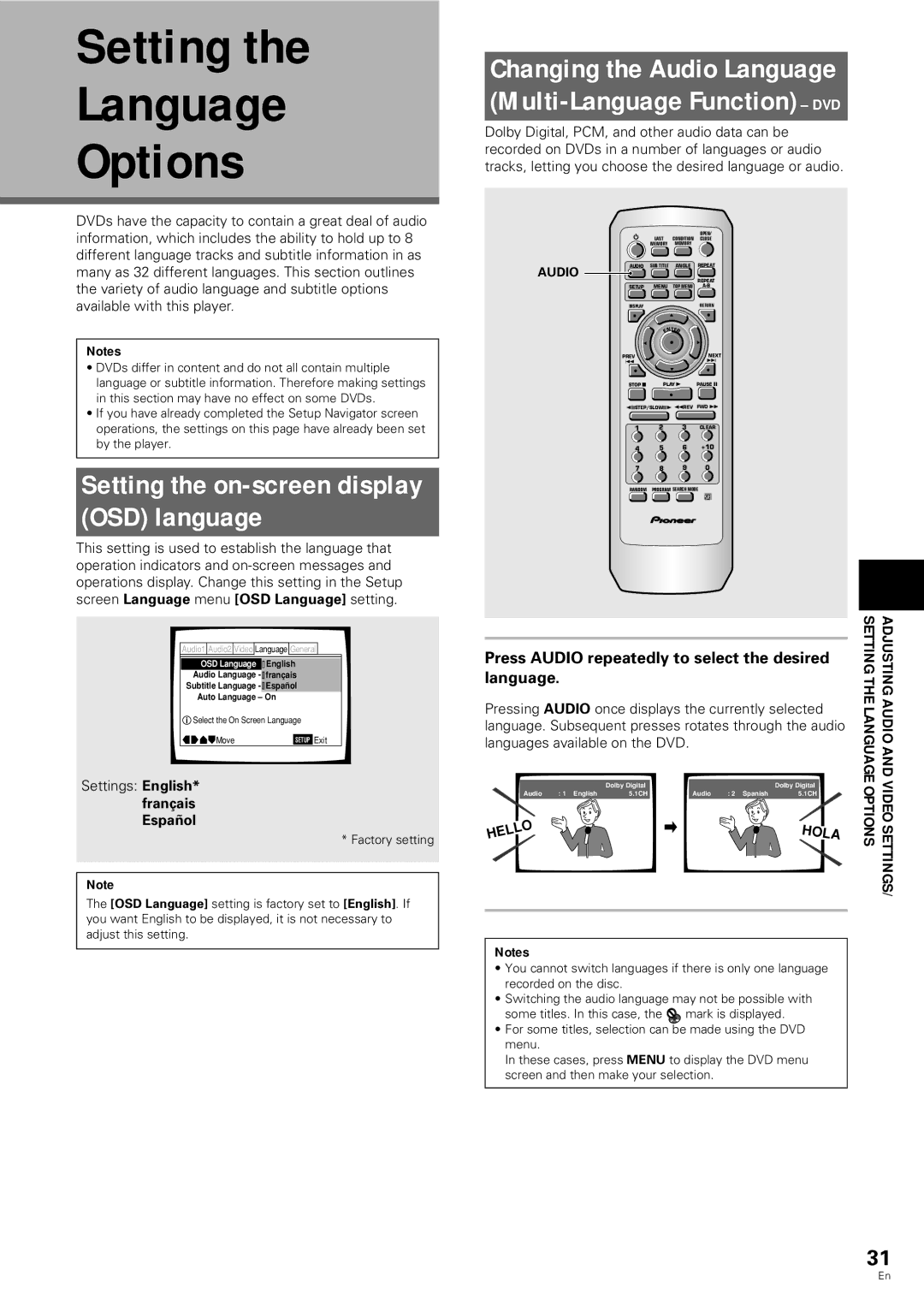 Pioneer DV-343 operating instructions Setting Language Options, Setting the on-screen display OSD language 