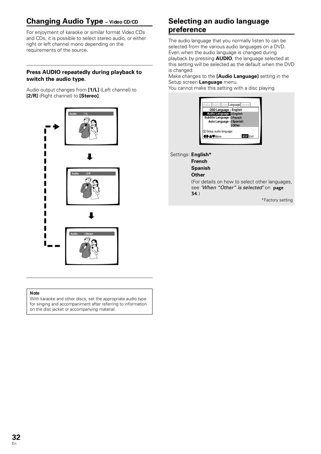 Pioneer DV-343 Changing Audio Type Video CD/CD, Selecting an audio language preference, French Spanish Other 