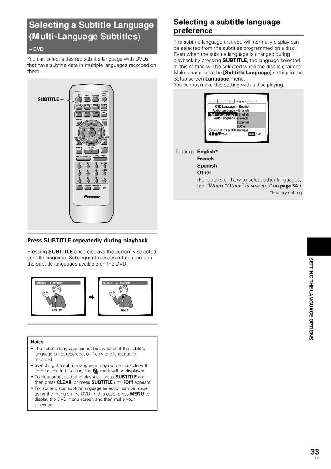 Pioneer DV-343 Selecting a Subtitle Language Multi-Language Subtitles, Selecting a subtitle language preference 