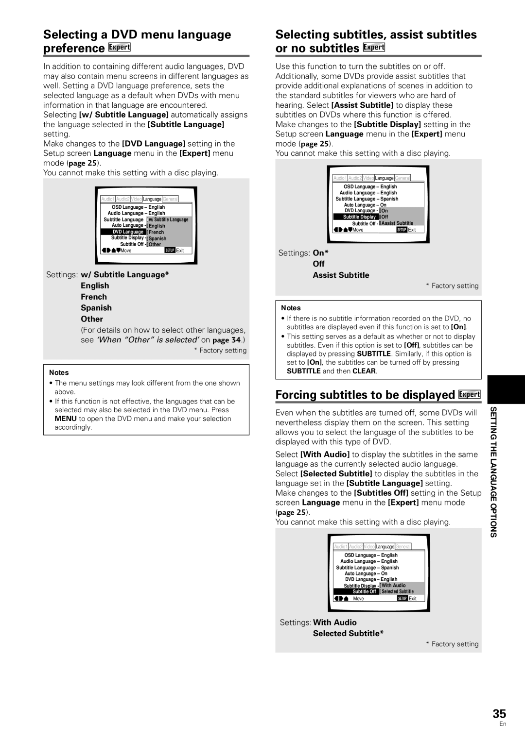 Pioneer DV-343 Selecting a DVD menu language preference Expert, Setting the Language Options, Off Assist Subtitle 