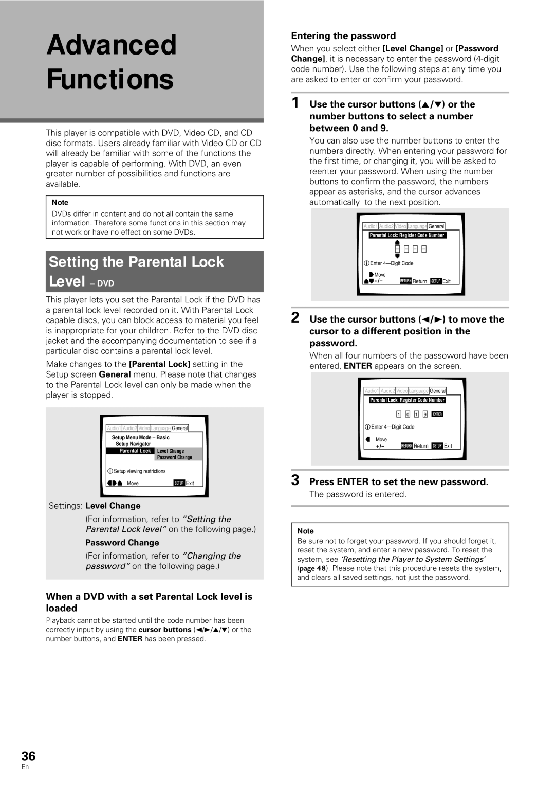 Pioneer DV-343 operating instructions Advanced Functions, Setting the Parental Lock Level DVD, Entering the password 