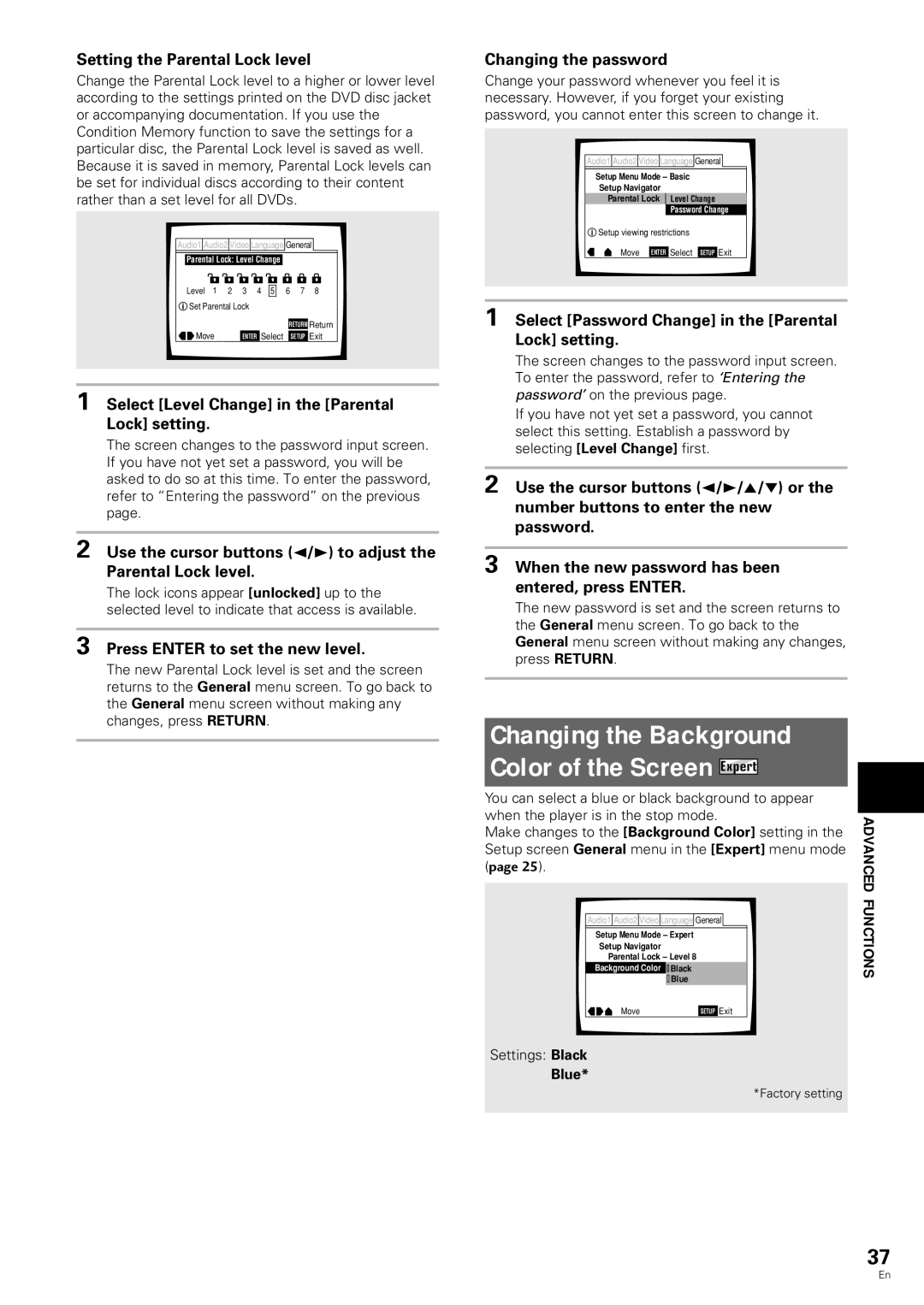 Pioneer DV-343 operating instructions Changing the Background Color of the Screen Expert 