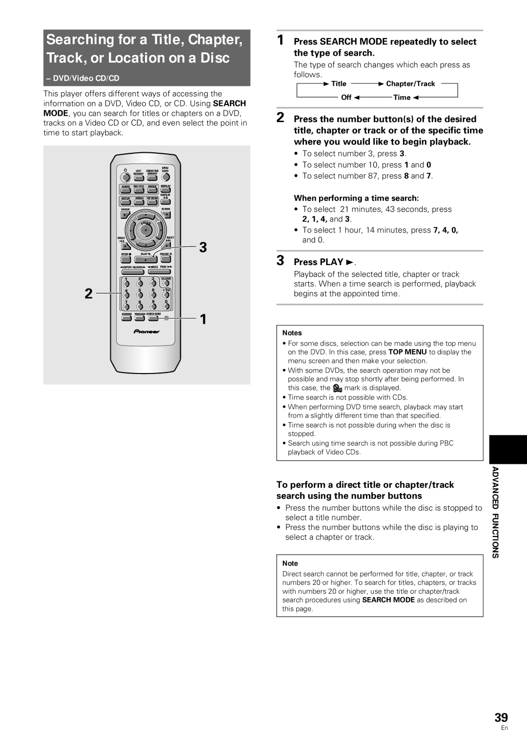 Pioneer DV-343 Press Search Mode repeatedly to select the type of search, To perform a direct title or chapter/track 