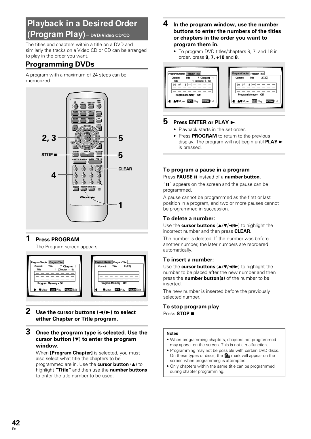 Pioneer DV-343 operating instructions Playback in a Desired Order, Programming DVDs, Program Play DVD/Video CD/CD 