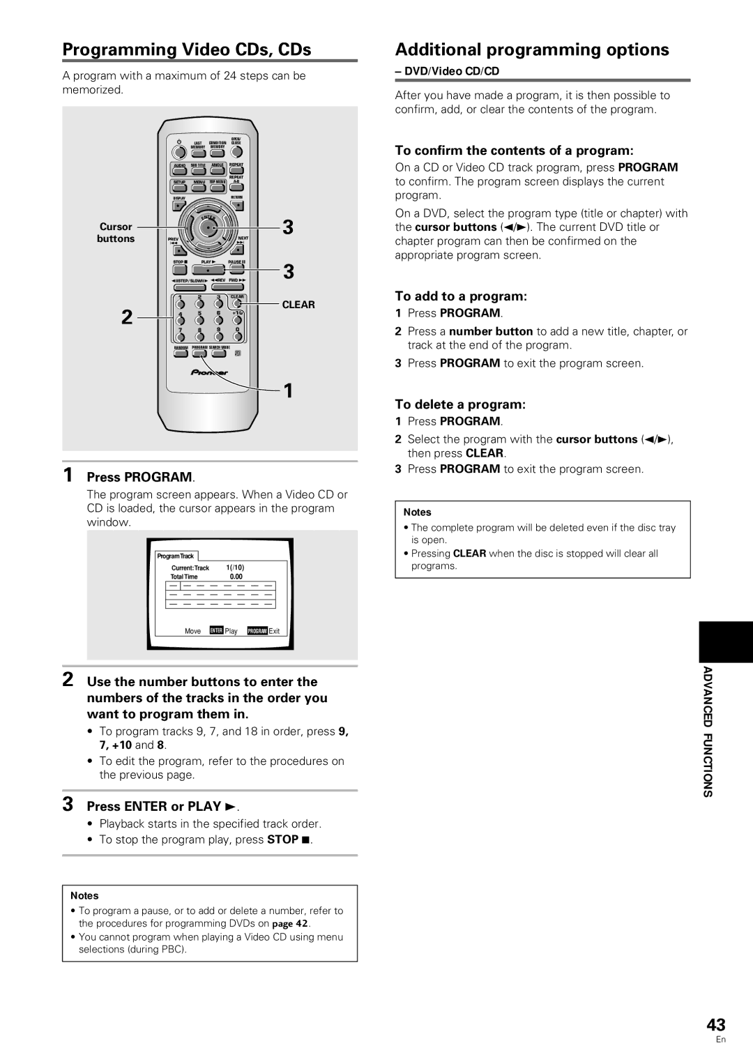 Pioneer DV-343 operating instructions Programming Video CDs, CDs, Additional programming options, Advanced Functions 