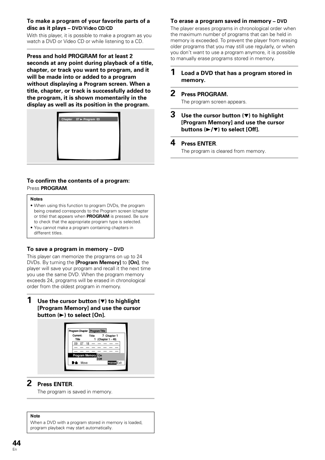 Pioneer DV-343 To save a program in memory DVD, To erase a program saved in memory DVD, Press Program 