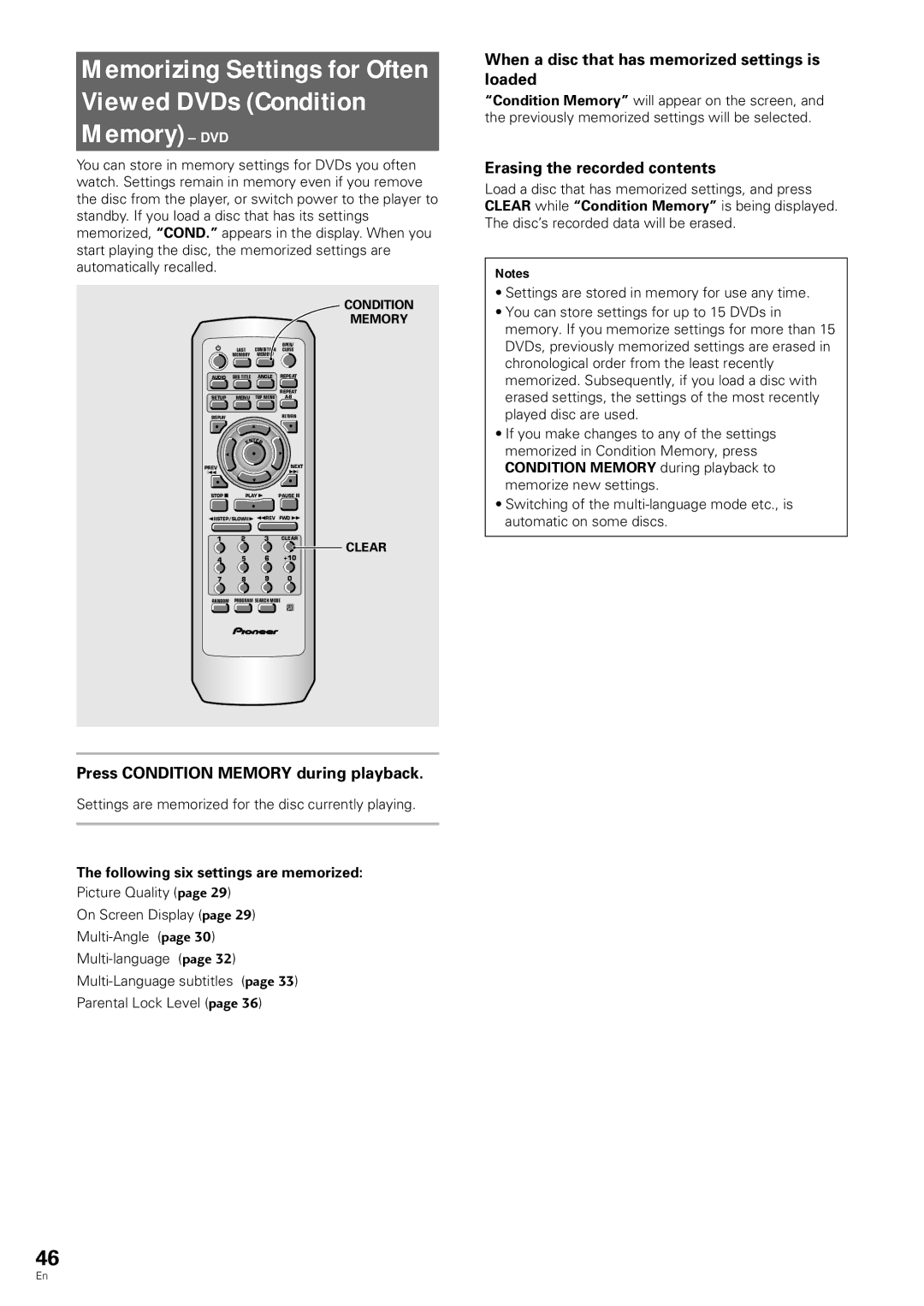 Pioneer DV-343 operating instructions When a disc that has memorized settings is loaded, Erasing the recorded contents 