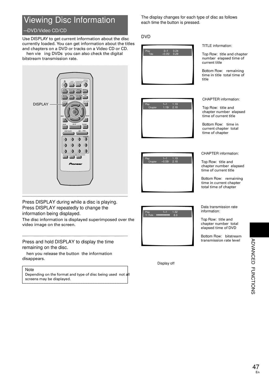 Pioneer DV-343 Viewing Disc Information, Functions, When you release the button, the information disappears 