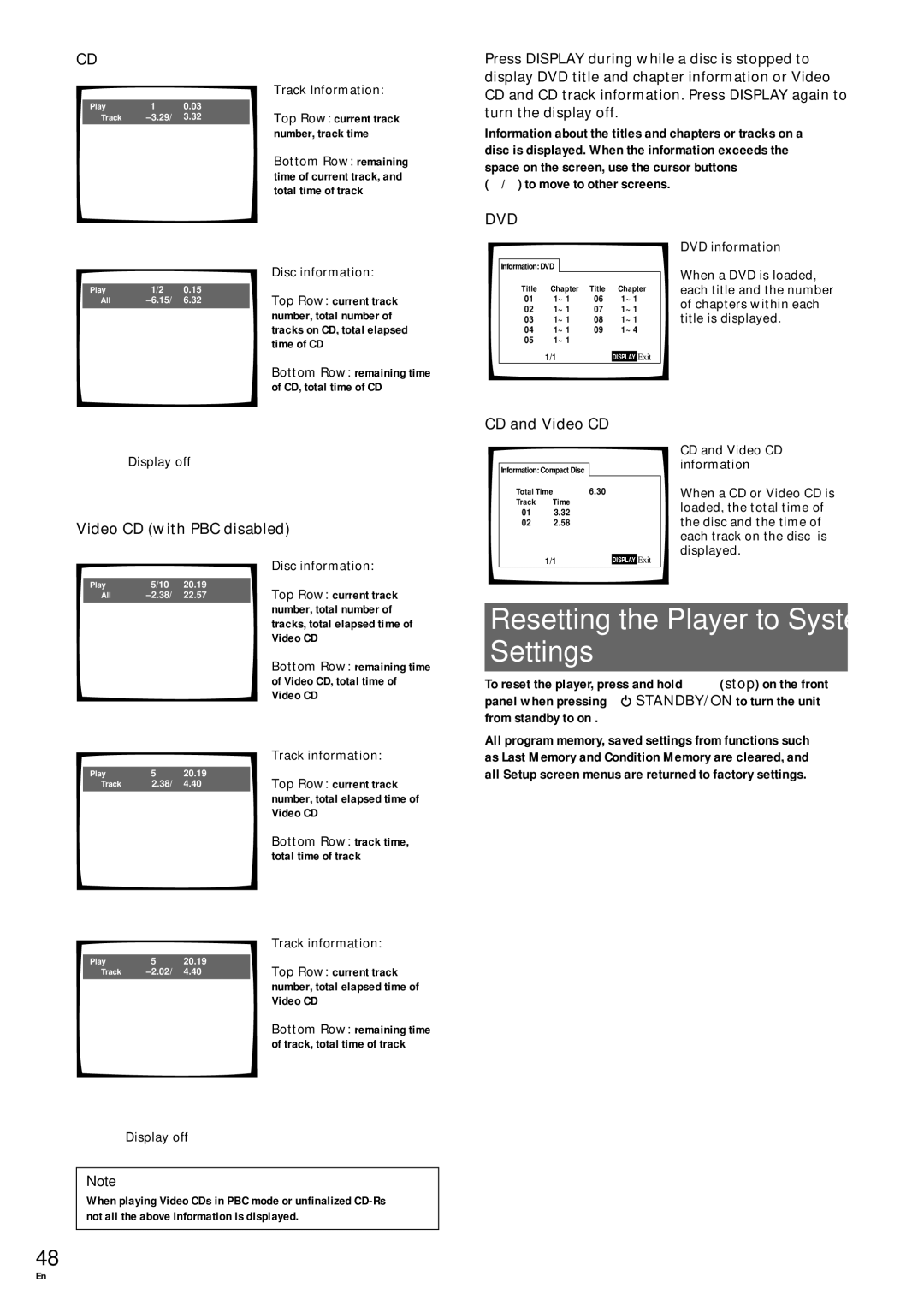 Pioneer DV-343 operating instructions Resetting the Player to System Settings, CD and Video CD, Video CD with PBC disabled 