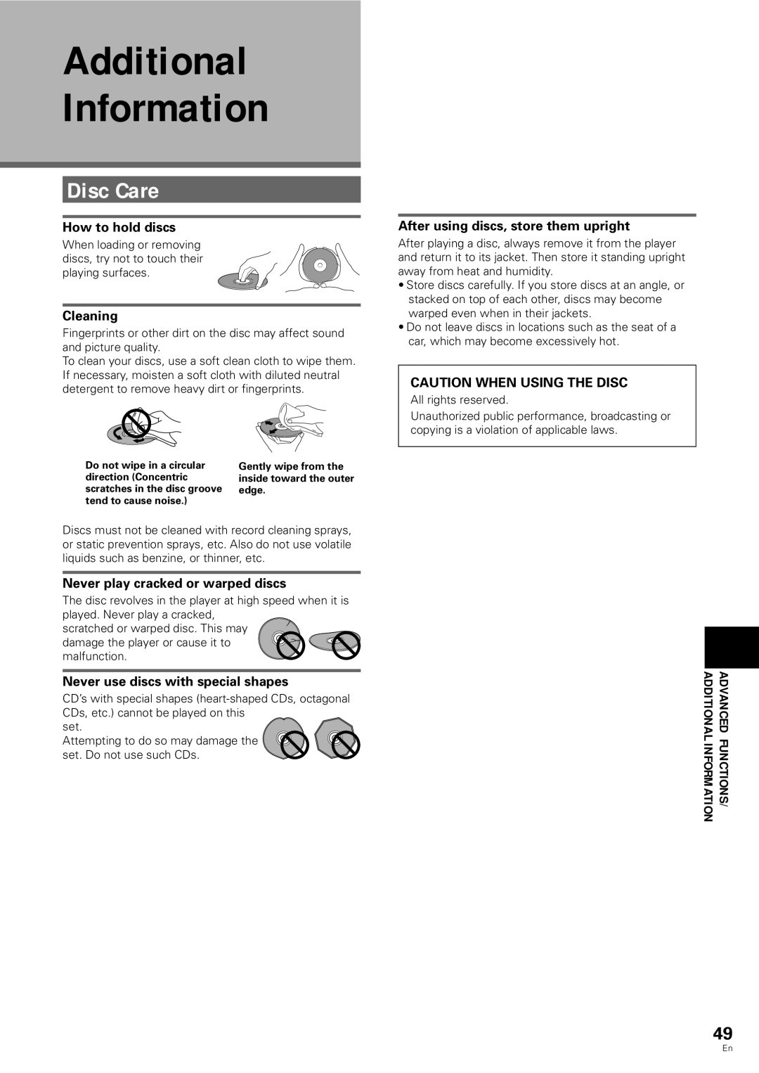 Pioneer DV-343 operating instructions Additional Information, Disc Care 