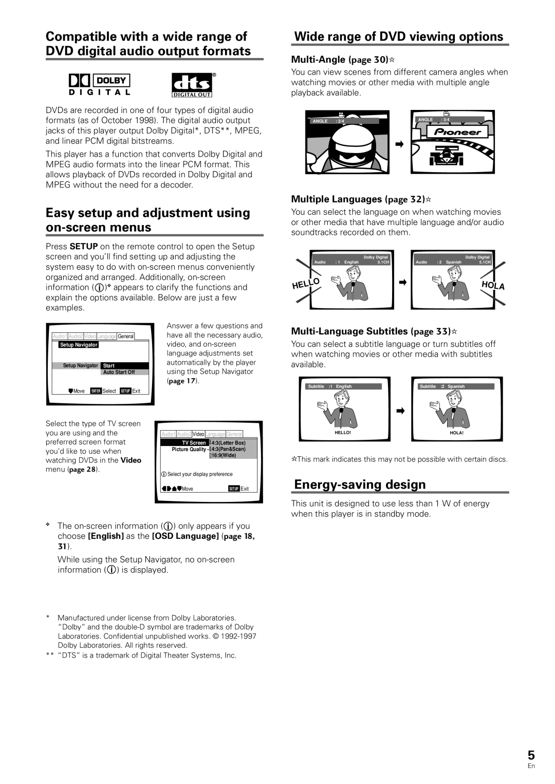 Pioneer DV-343 Easy setup and adjustment using on-screen menus, Wide range of DVD viewing options, Energy-saving design 