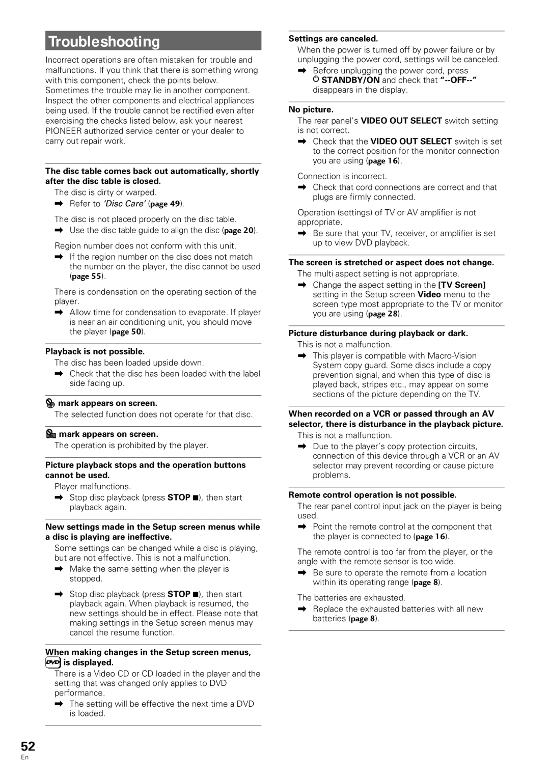 Pioneer DV-343 operating instructions Troubleshooting 