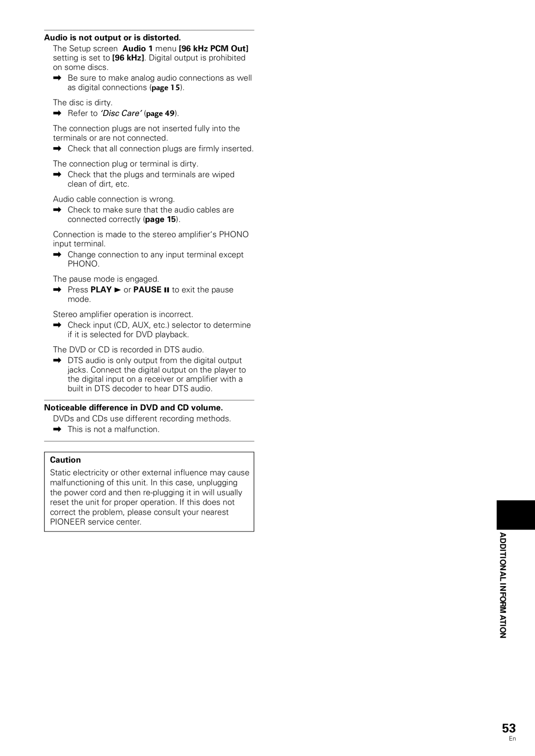 Pioneer DV-343 operating instructions Audio is not output or is distorted, Phono 