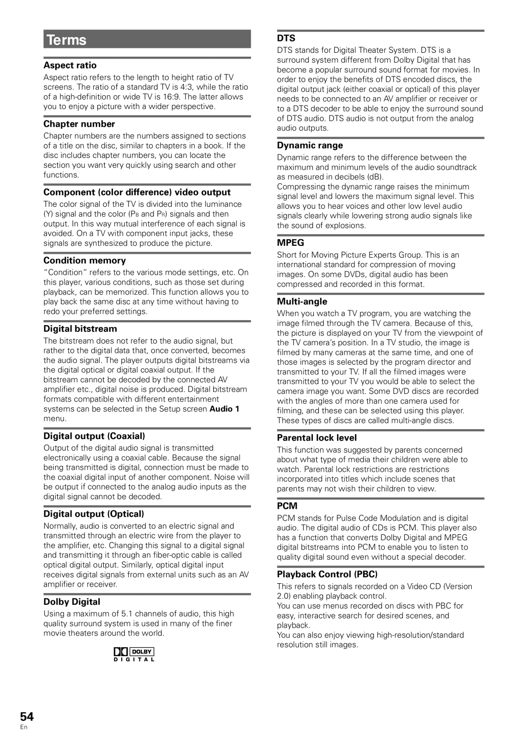 Pioneer DV-343 operating instructions Terms, Dts, Mpeg, Pcm 