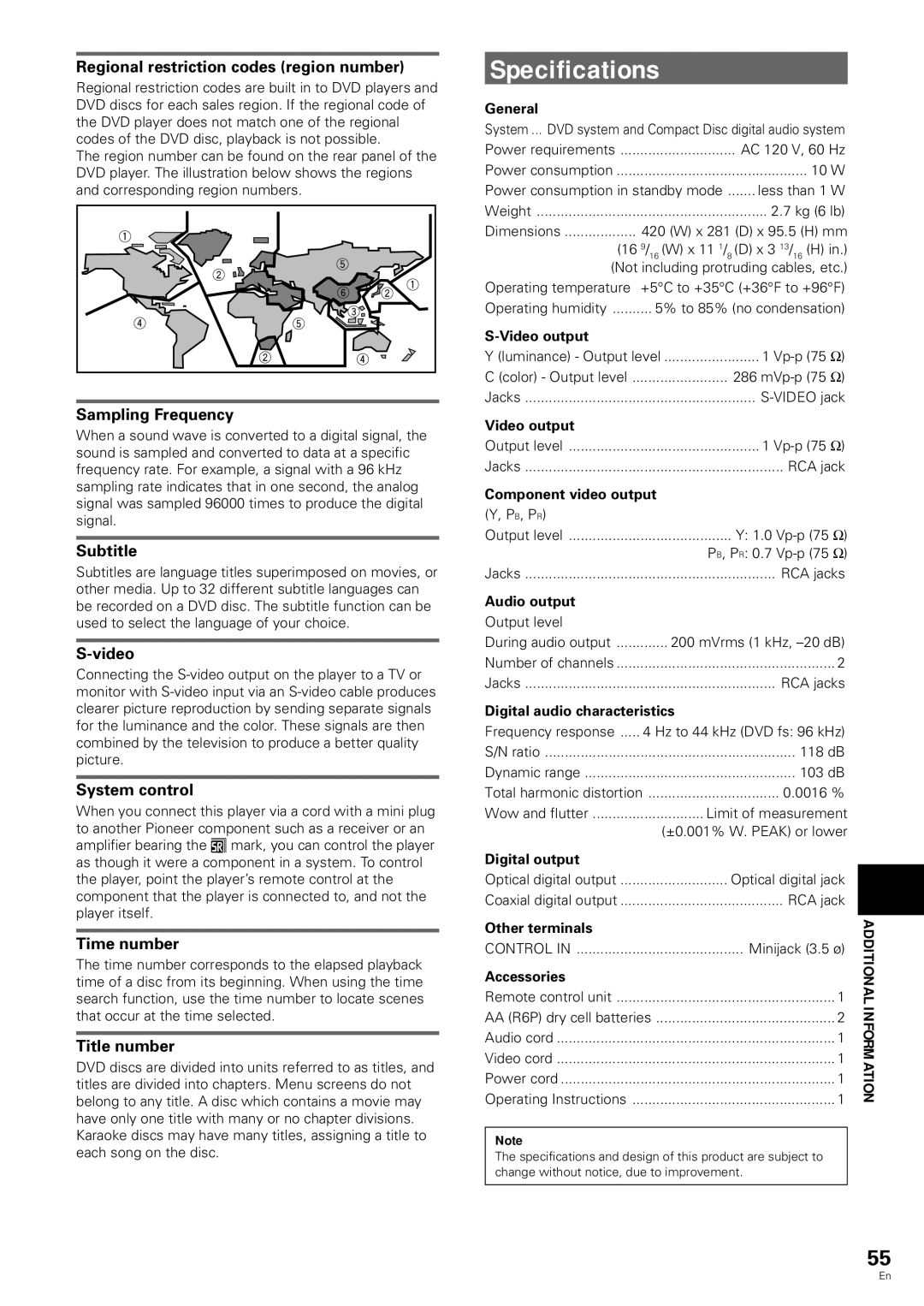 Pioneer DV-343 operating instructions Specifications, Information 